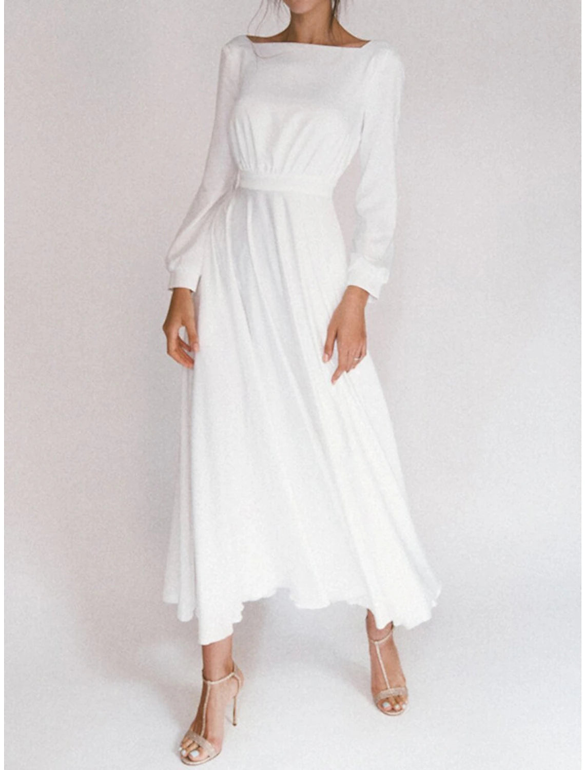 Wholesa Bridal Shower Simple Wedding Dresses A-Line Square Neck Long Sleeve Ankle Length Chiffon Bridal Gowns With Pleats Summer Wedding Party