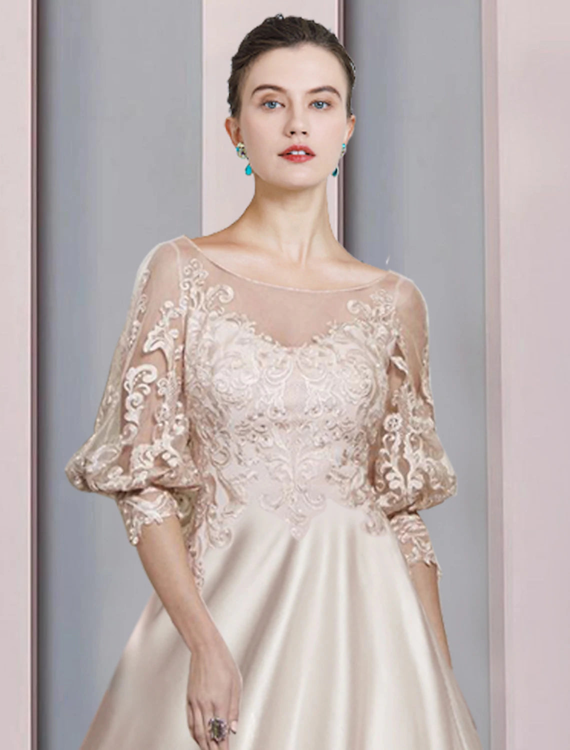 wholesale   A-Line Mother of the Bride Dress Formal Elegant Scoop Neck Tea Length Satin Lace 3/4 Length Sleeve with Appliques