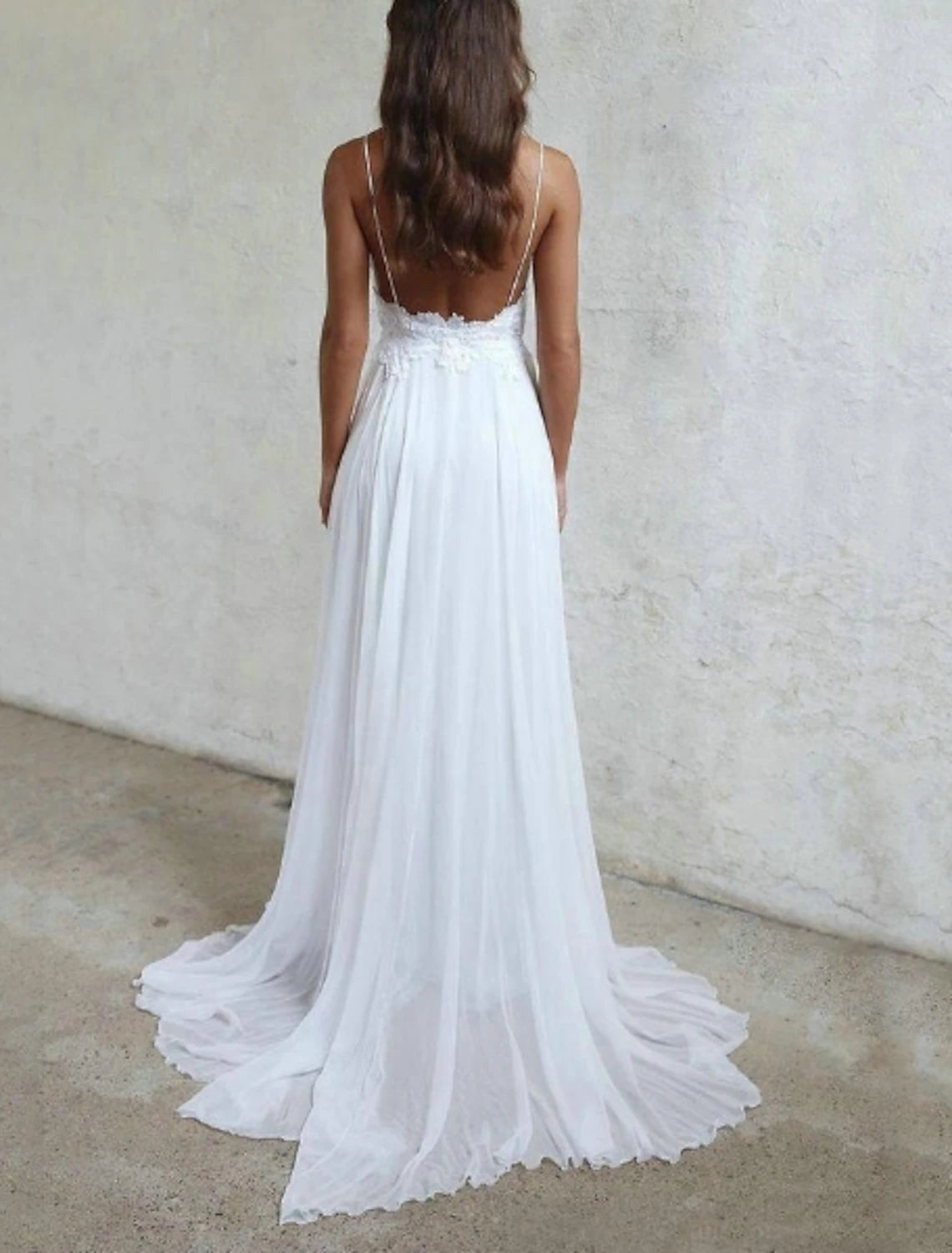 Wholesa Beach Sexy Boho Wedding Dresses A-Line Sweetheart Camisole Spaghetti Strap Sweep / Brush Train Chiffon Bridal Gowns With Pleats Appliques