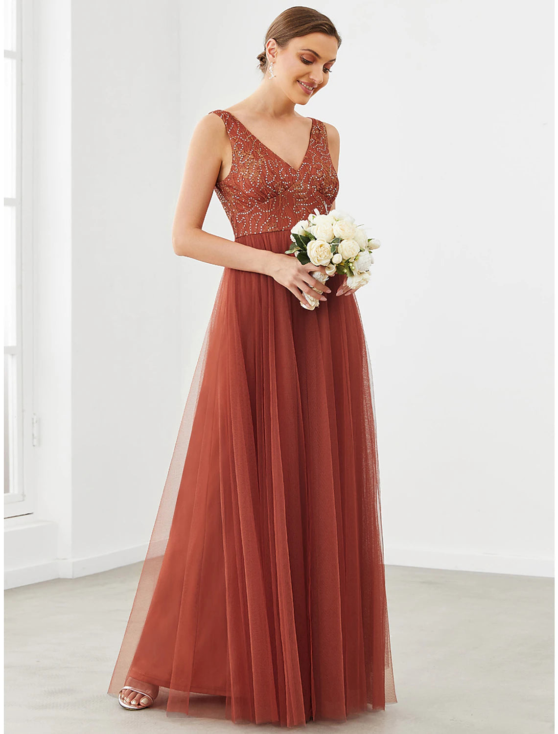 Wholesa A-Line Prom Dresses Sparkle & Shine Dress Homecoming Wedding Guest Floor Length Sleeveless V Neck Tulle with Draping Splicing