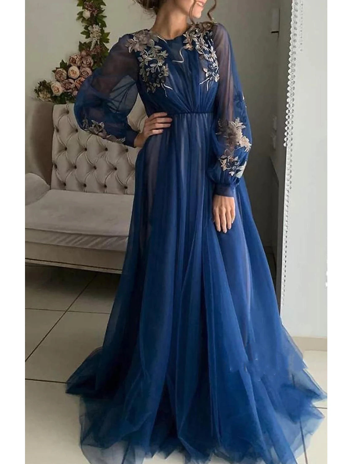 Wholesa A-Line Evening Gown Floral Dress Wedding Guest Birthday Sweep / Brush Train Long Sleeve Jewel Neck Tulle with Embroidery