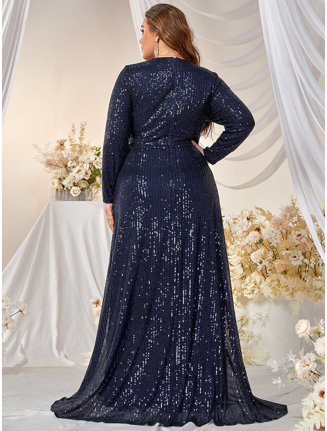 Wholesa A-Line Evening Gown Plus Size Dress Formal Wedding Sweep / Brush Train Long Sleeve V Neck Polyester with Sequin Slit