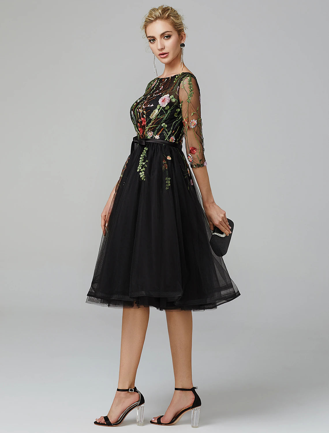 wholesale  A-Line Black Dress Vintage Wedding Guest Cocktail Party Knee Length Long Sleeve Illusion Neck Wednesday Addams Family Tulle with Embroidery Appliques