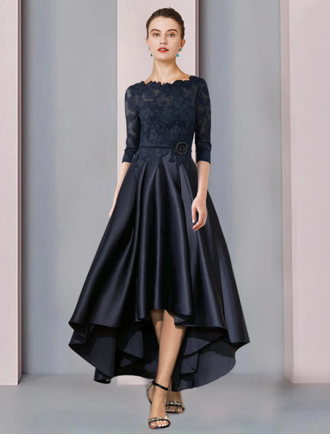 wholesale  A-Line Mother of the Bride Dress Wedding Guest Elegant High Low Scoop Neck Asymmetrical Tea Length Satin Lace 3/4 Length Sleeve with Pleats Appliques Flower