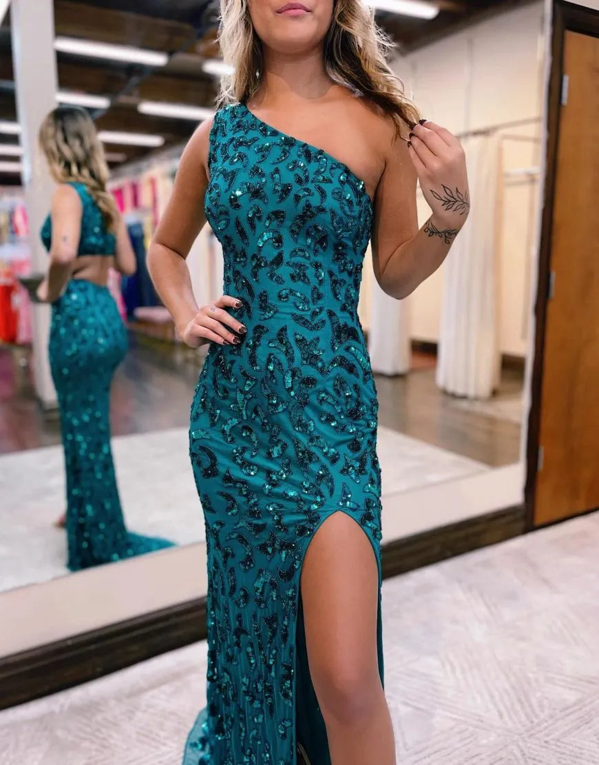 Wholesa Mermaid One Shoulder Beading Prom Dress