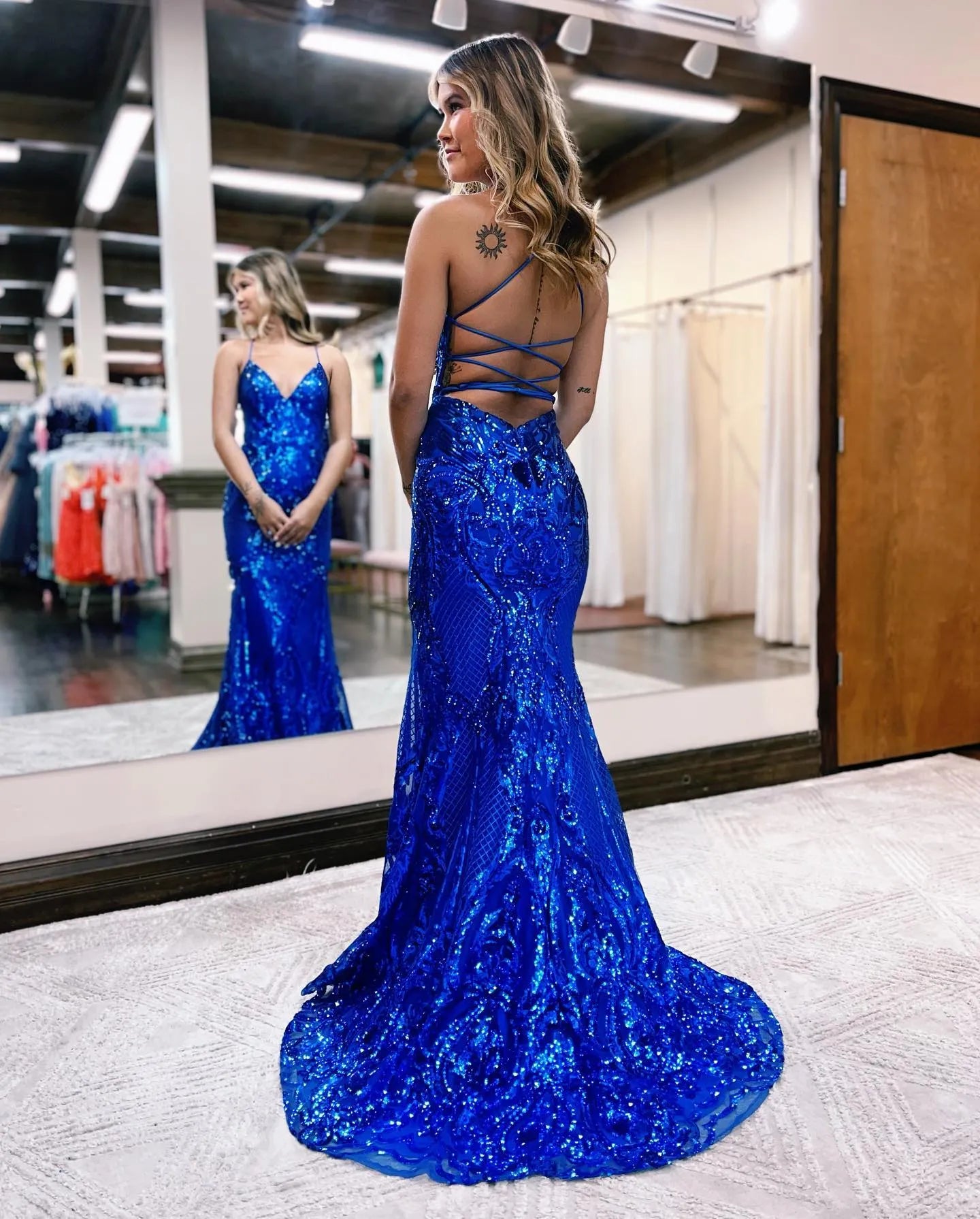 Wholesa Mermaid Sequin V-Neck Sweep Train Prom Dress