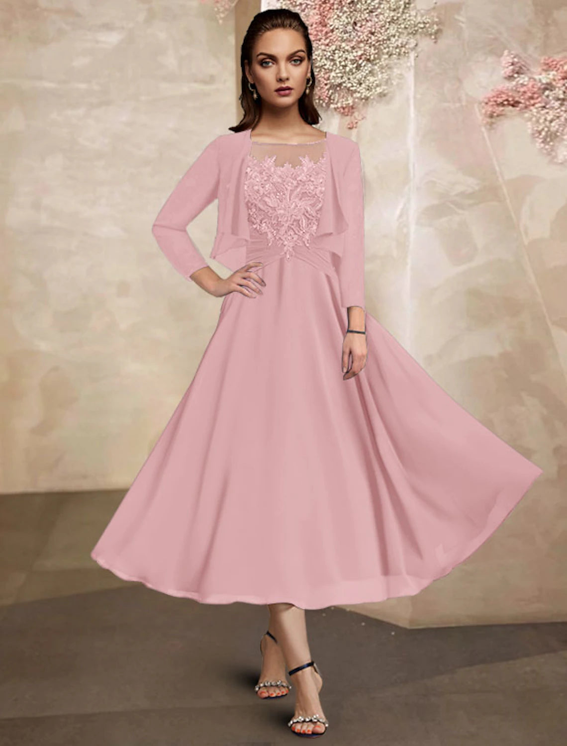 wholesale   Two Piece A-Line Mother of the Bride Dress Plus Size Elegant Jewel Neck Tea Length Chiffon Lace Half Sleeve Wrap Included with Ruched Sequin Ruffles
