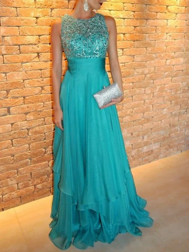 Wholesa A-Line Evening Gown Tiered Prom Dress Formal Sweep / Brush Train Sleeveless Jewel Neck Chiffon with Rhinestone