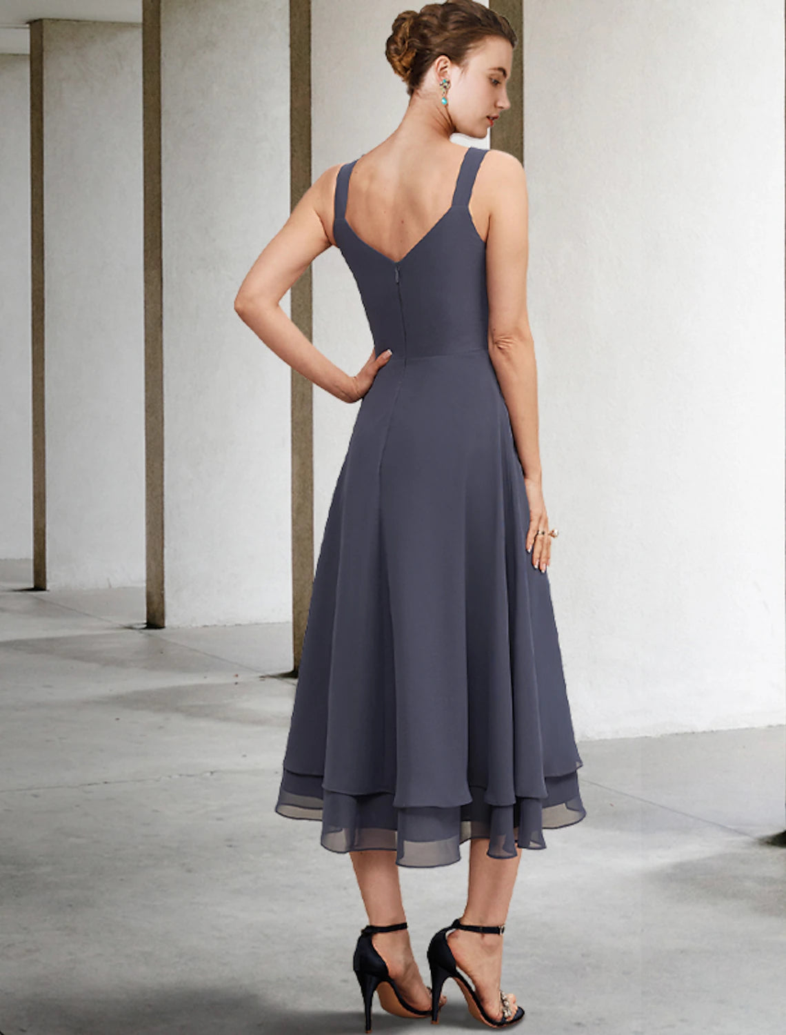 wholesale  A-Line Mother of the Bride Dress Elegant V Neck Tea Length Chiffon Lace Sleeveless Jacket Dresses with Tier Solid Color