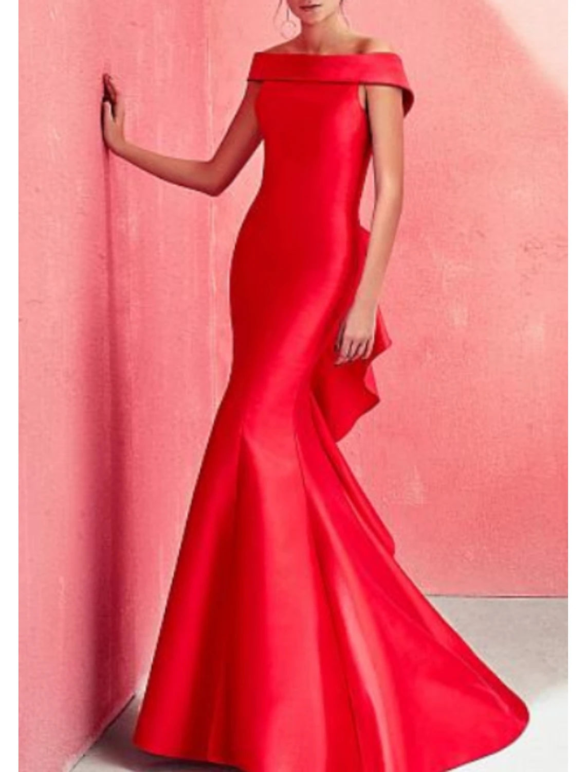 Wholesa Mermaid Beautiful Back Red Green Dress Formal Evening Dress Off Shoulder Short Sleeve Floor Length Satin with Ruffles Draping