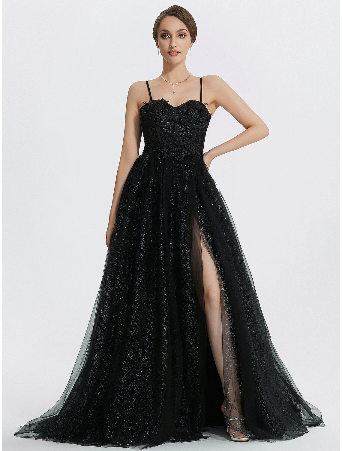 Wholesa  A-Line Prom Dresses Glittering Dress Masquerade photoshoot Floor Length Sleeveless Sweetheart Tulle with Appliques