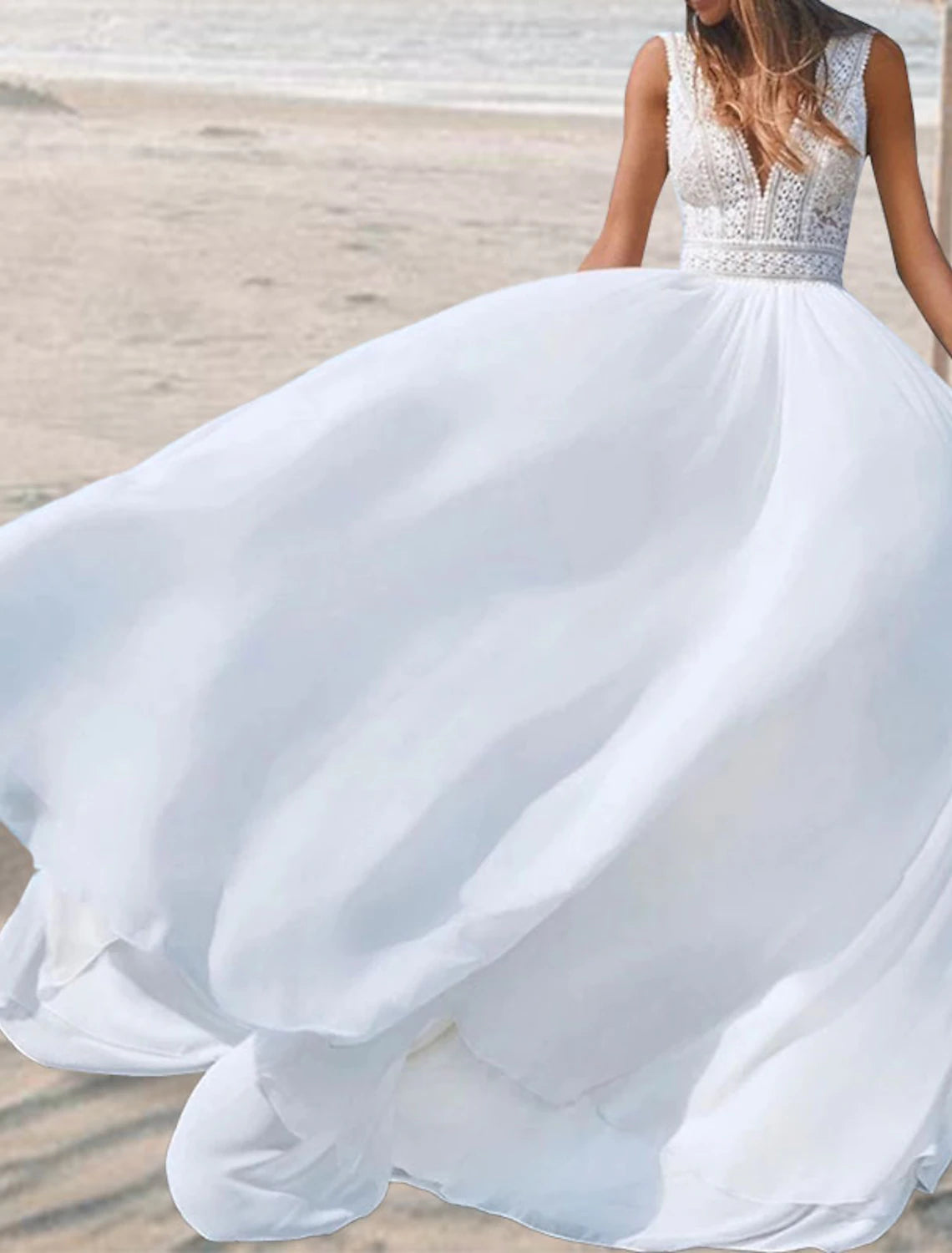 Wholesa  Beach Open Back Boho Wedding Dresses A-Line V Neck Sleeveless Floor Length Chiffon Bridal Gowns