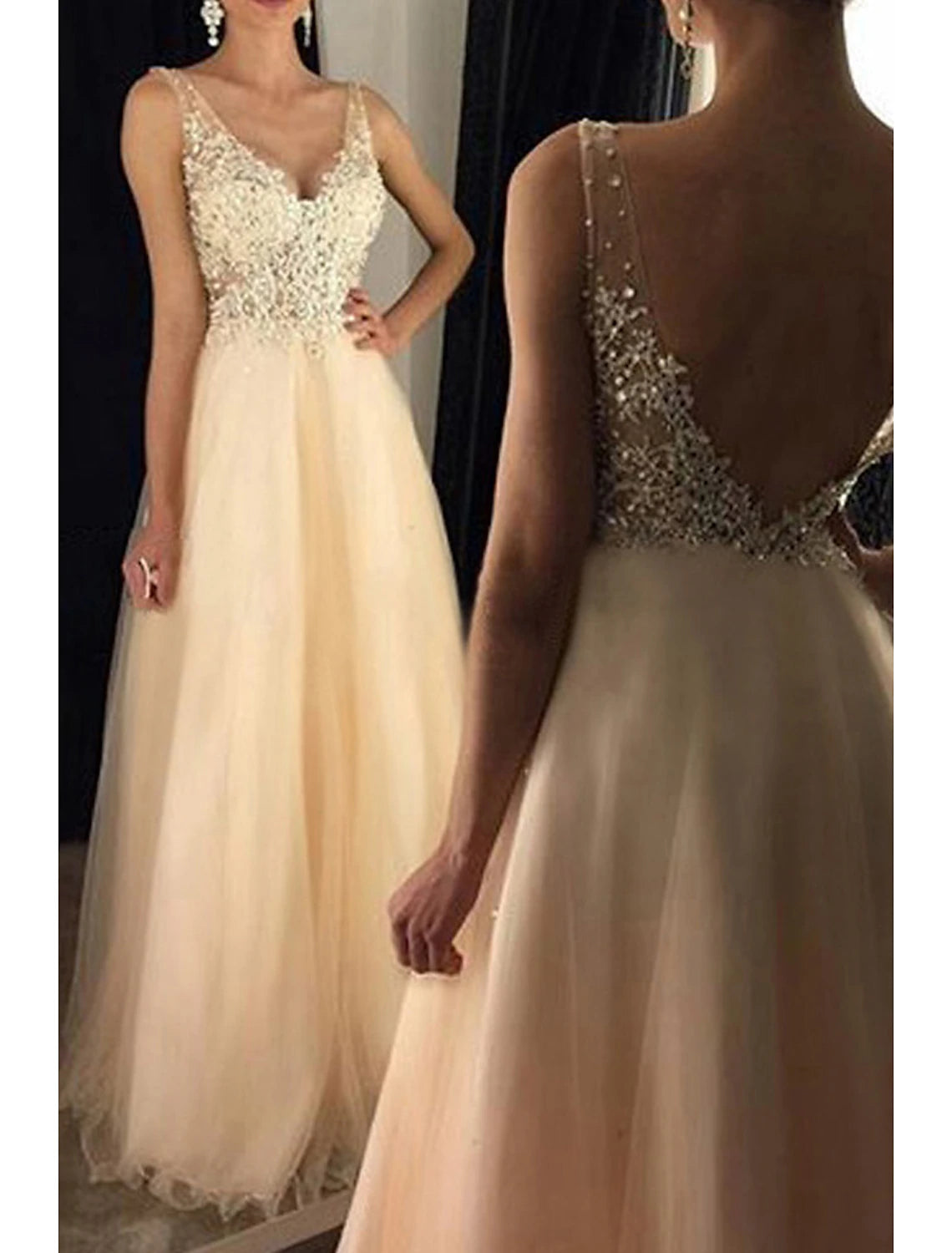 wholesale  A-Line Prom Dresses Sparkle & Shine Dress Formal Prom Floor Length Sleeveless V Neck Tulle V Back with Beading Appliques