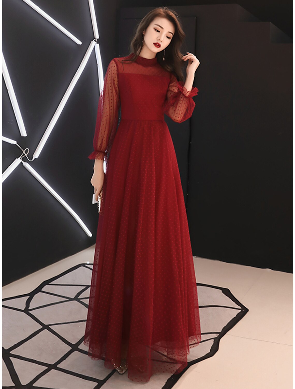 Wholesa A-Line Black Dress Elegant Party Wear Prom Dress High Neck Long Sleeve Floor Length Lace with Ruffles