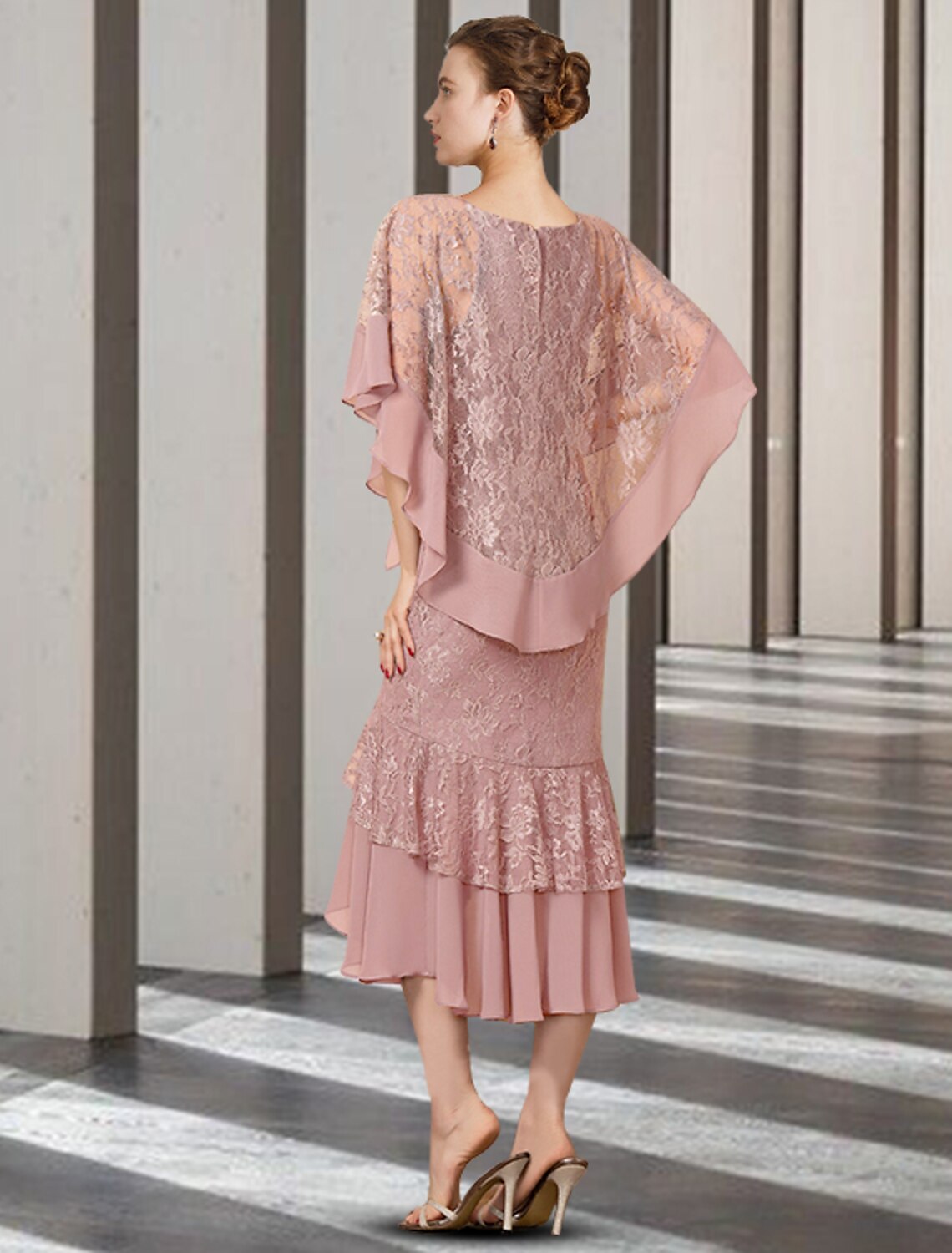wholesale  Sheath / Column Mother of the Bride Dress Elegant High Low Jewel Neck Asymmetrical Tea Length Chiffon Lace Half Sleeve Wrap Included with Beading Ruffles Applique