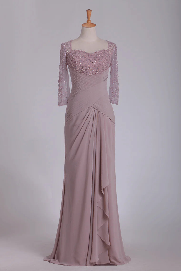 Wholesa Beaded Ruched 3/4 Length Sleeves Sheath Chiffon Mother Of The Bride Dresses