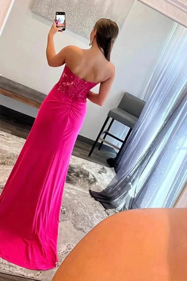 Wholesa Mermaid Satin Strapless Lace Appliques Prom Dresses With Slit