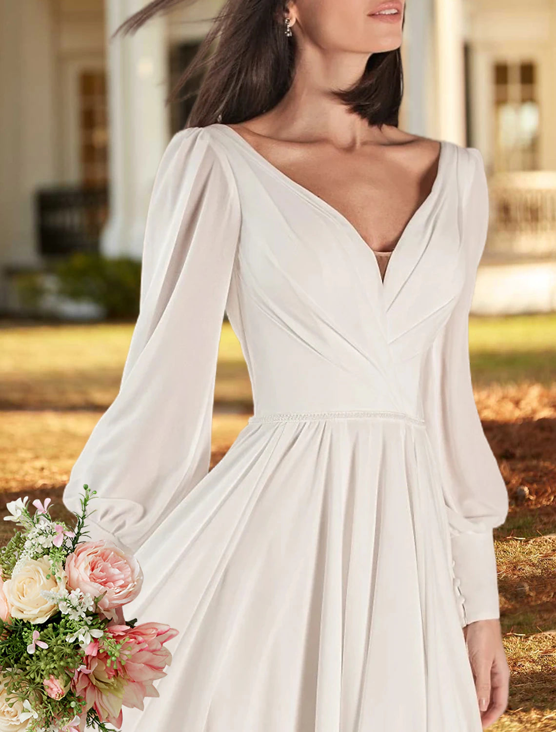 Wholesa Simple Wedding Dresses A-Line V Neck Long Sleeve Sweep / Brush Train Chiffon Bridal Gowns With Pleats