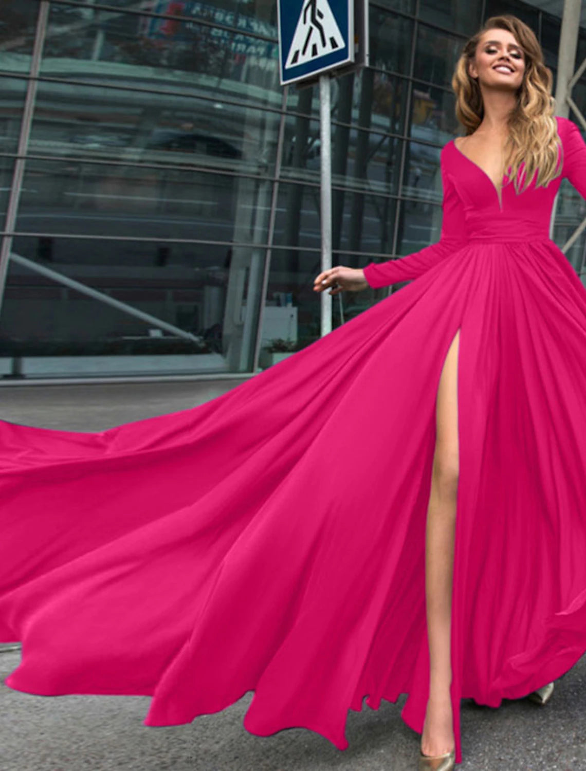 Wholesa A-Line Evening Gown Empire Black Dress Holiday Wedding Guest Floor Length Long Sleeve V Neck Chiffon V Back with Slit Pure Color