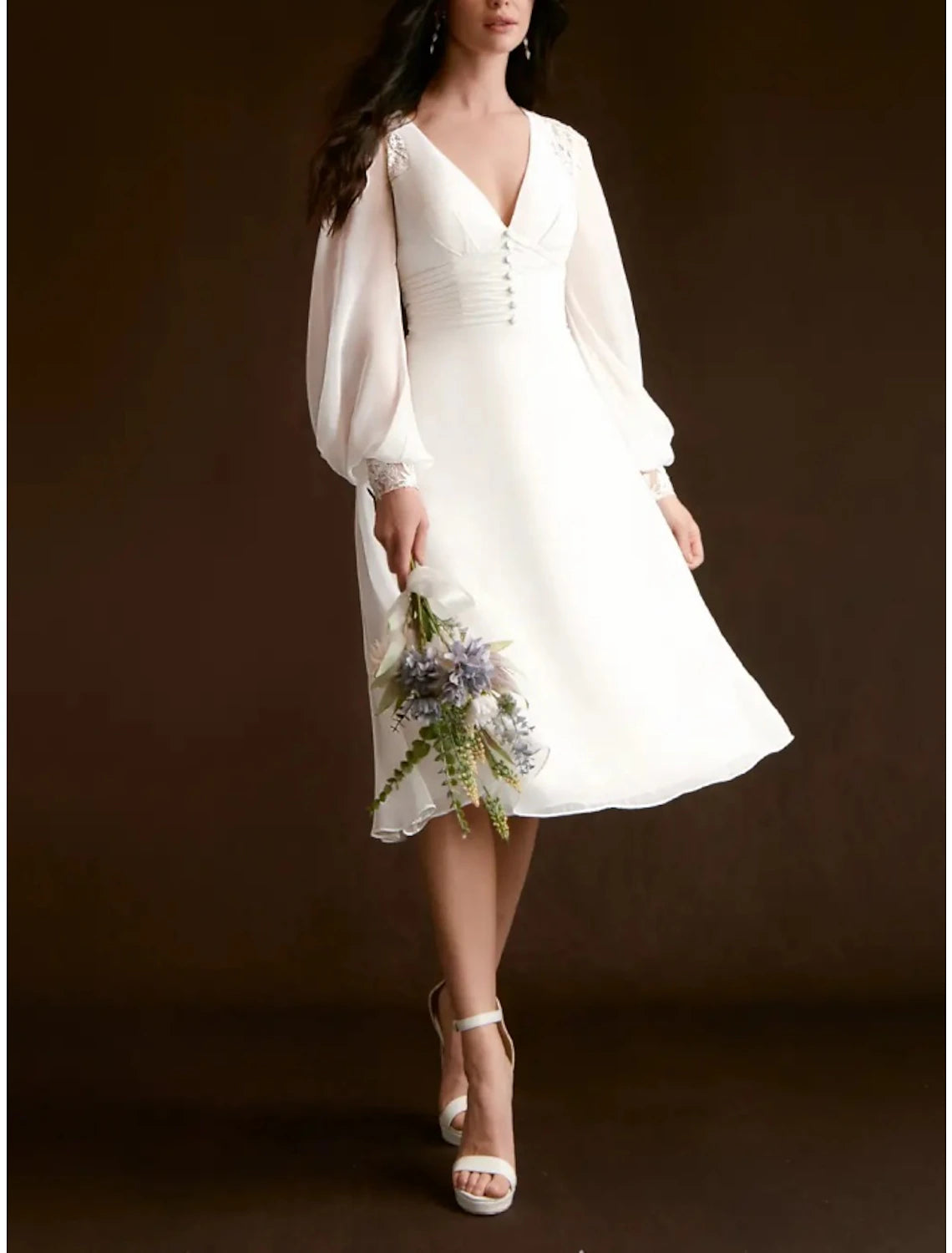 Wholesa Little White Dresses Wedding Dresses A-Line V Neck Long Sleeve Knee Length Chiffon Bridal Gowns With Pleats Ruched