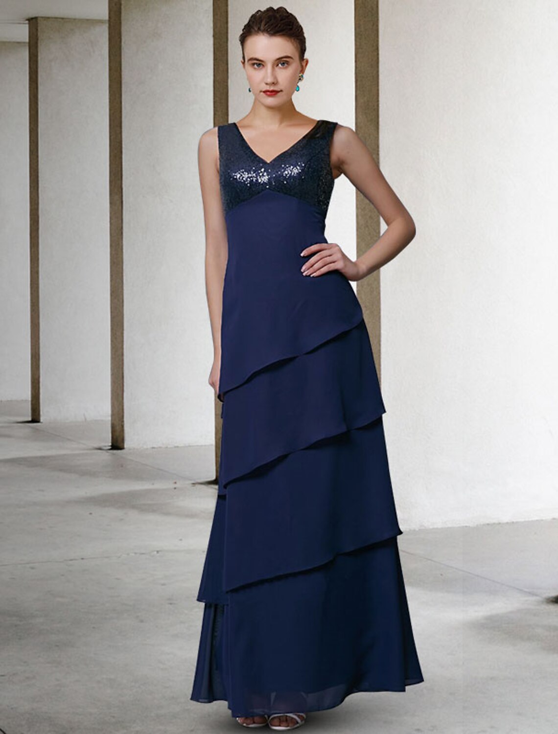 wholesale  A-Line Mother of the Bride Dress Elegant V Neck Floor Length Chiffon Sequined Sleeveless Wrap Included with Sequin Ruffles