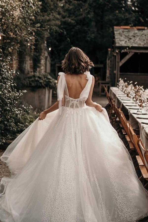 Wholesa A-Line Sleeveless Sweep Train Ivory Wedding Dress With Sequins