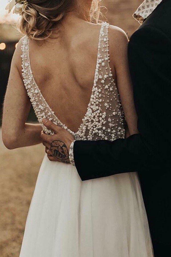 Wholesa Beach See Through Pearl Beaded Ivory Wedding Dresses