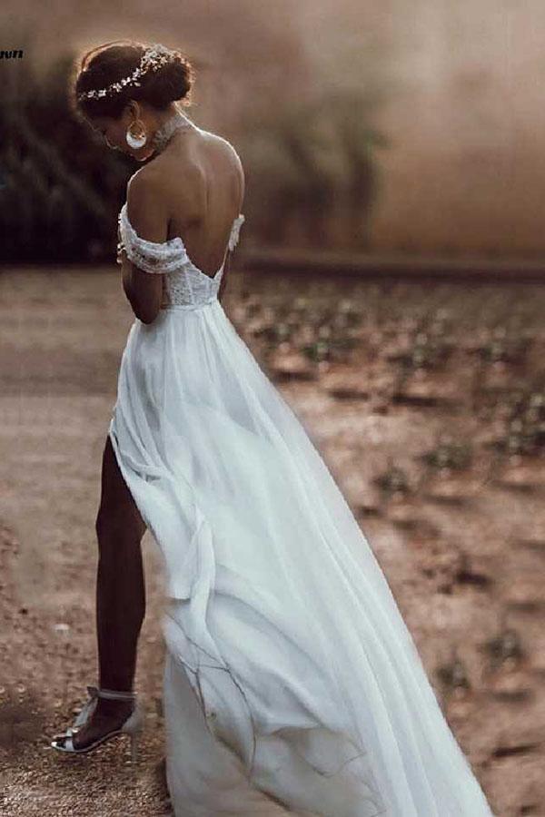 Wholesa A-line Lace Off The Shoulder Backless Chiffon Split Ivory Wedding Dresses