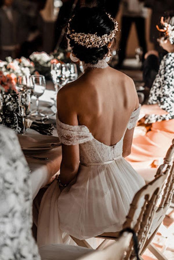 Wholesa A-line Lace Off The Shoulder Backless Chiffon Split Ivory Wedding Dresses