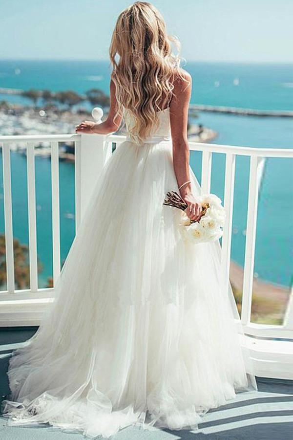 Wholesa A-line Tulle Sweetheart Spaghetti Strap Ivory Wedding Dress