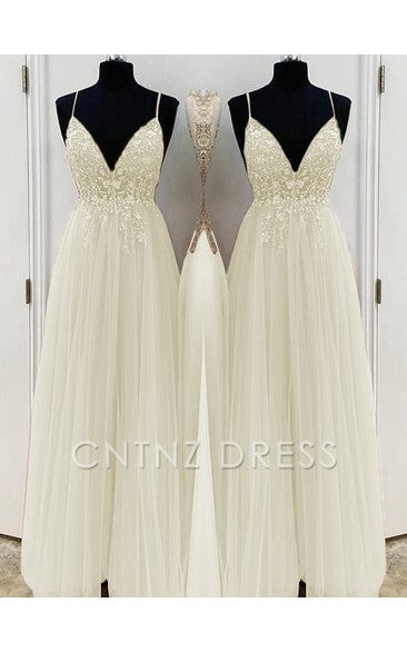 Wholesa A-Line/Elegant Spaghetti Straps Sleeveless Beading Tulle Floor-Length formal dresses Bridesmaid Dresses evening gown Prom Dress With Split