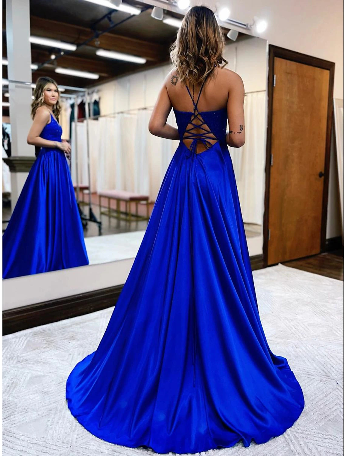 wholesale   A-Line Prom Dresses Empire Dress Formal Wedding Party Court Train Sleeveless V Neck Satin Backless with Beading Appliques