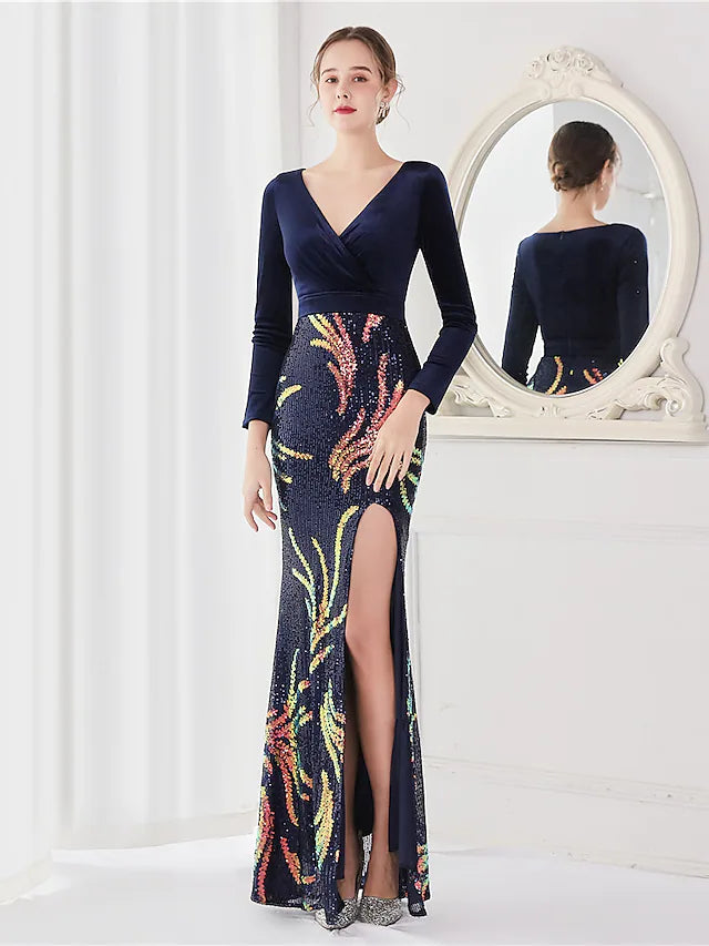Wholesa Mermaid / Trumpet Evening Gown Elegant Dress Wedding Guest Floor Length Long Sleeve V Neck Sequined V Back with Sequin Slit