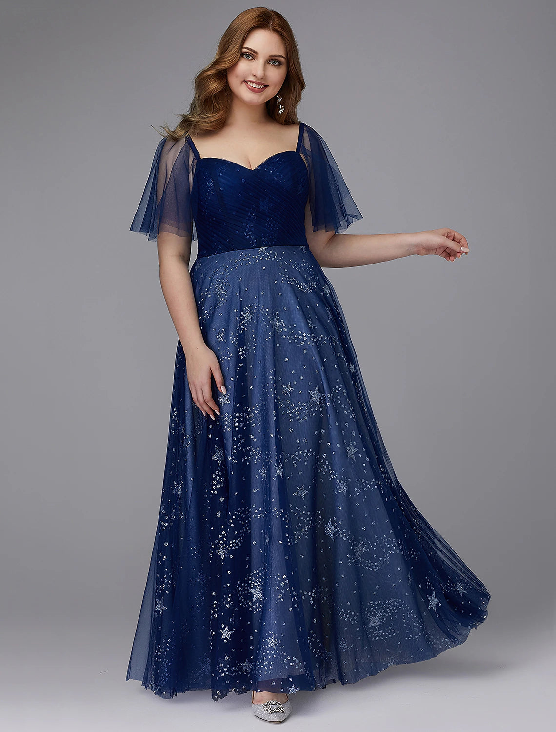 Wholesa A-Line Plus Size Dress Prom Formal Evening Floor Length Short Sleeve Sweetheart Tulle Lace-up with Beading Pattern / Print