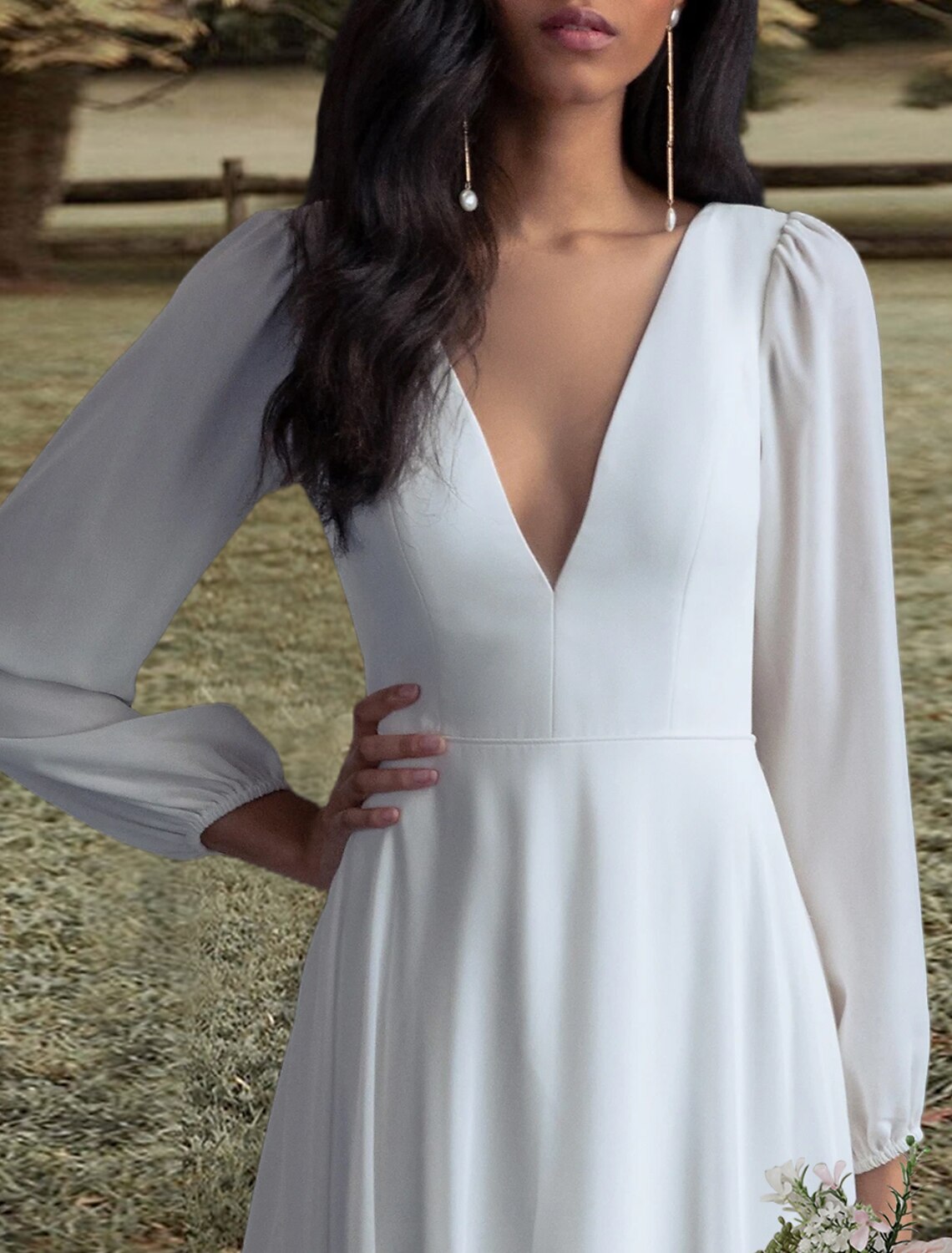 Wholesa Open Back Wedding Dresses A-Line V Neck Long Sleeve Sweep / Brush Train Chiffon Bridal Gowns With Pleats