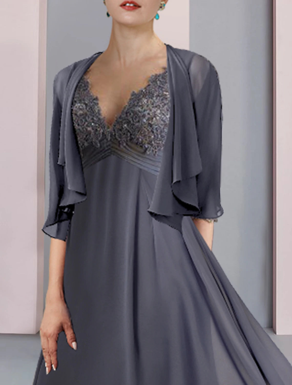 wholesale   Two Piece Mother of the Bride Dress Formal Wedding Guest Elegant V Neck Tea Length Chiffon Lace Short Sleeve Wrap Included with Ruched Appliques