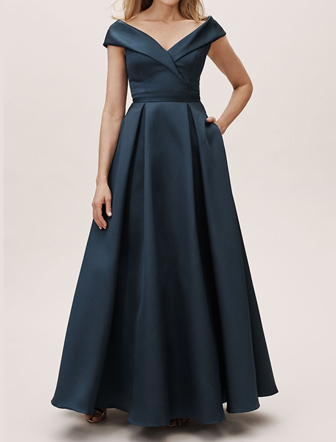 Wholesa  A-Line Plus Size Prom Formal Evening Dress Off Shoulder Short Sleeve Floor Length Satin with Pleats Ruched