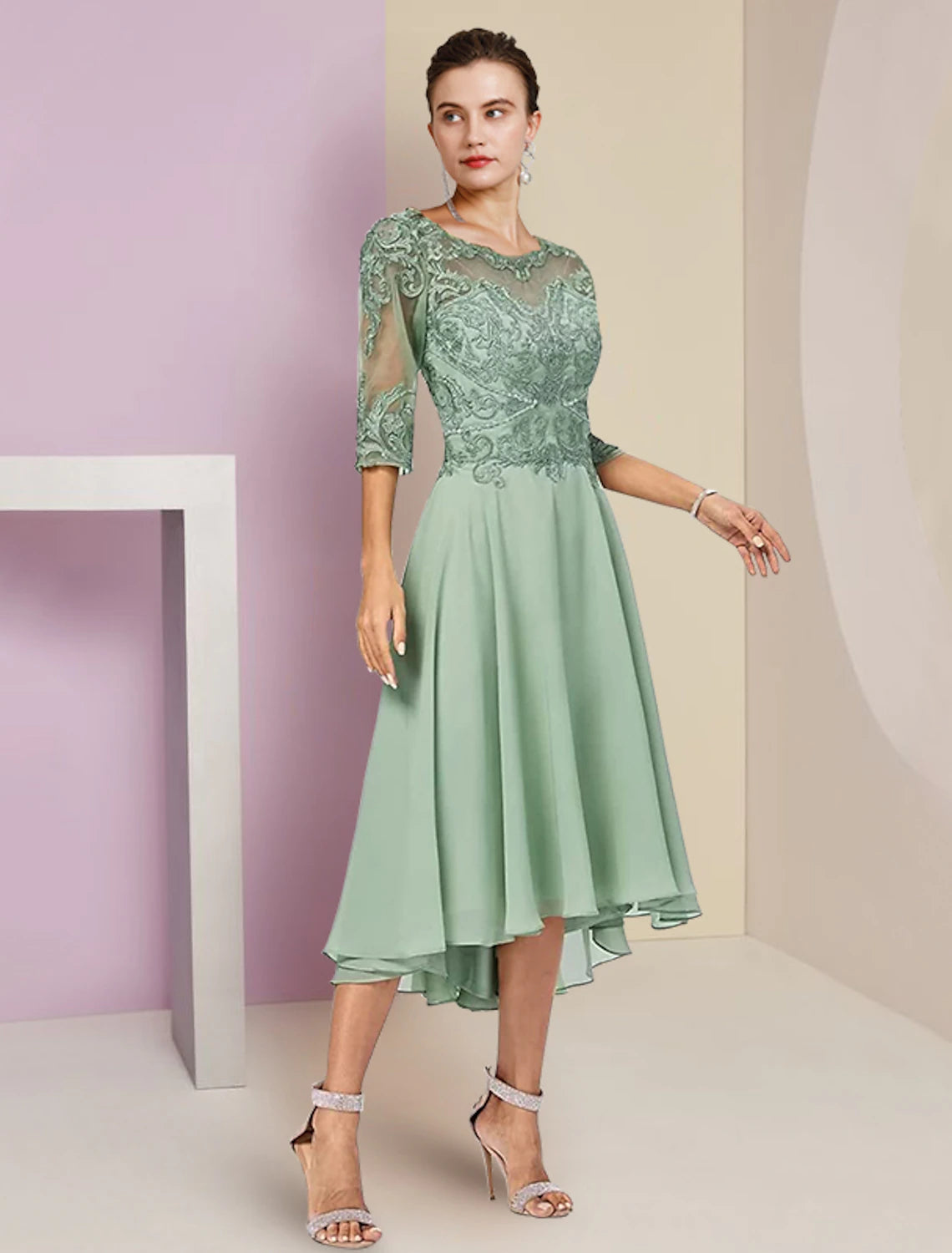 wholesale  Two Piece A-Line Mother of the Bride Dress Formal Wedding Guest Elegant High Low Scoop Neck Asymmetrical Tea Length Chiffon Lace Half Sleeve Wrap Included with Beading Appliques