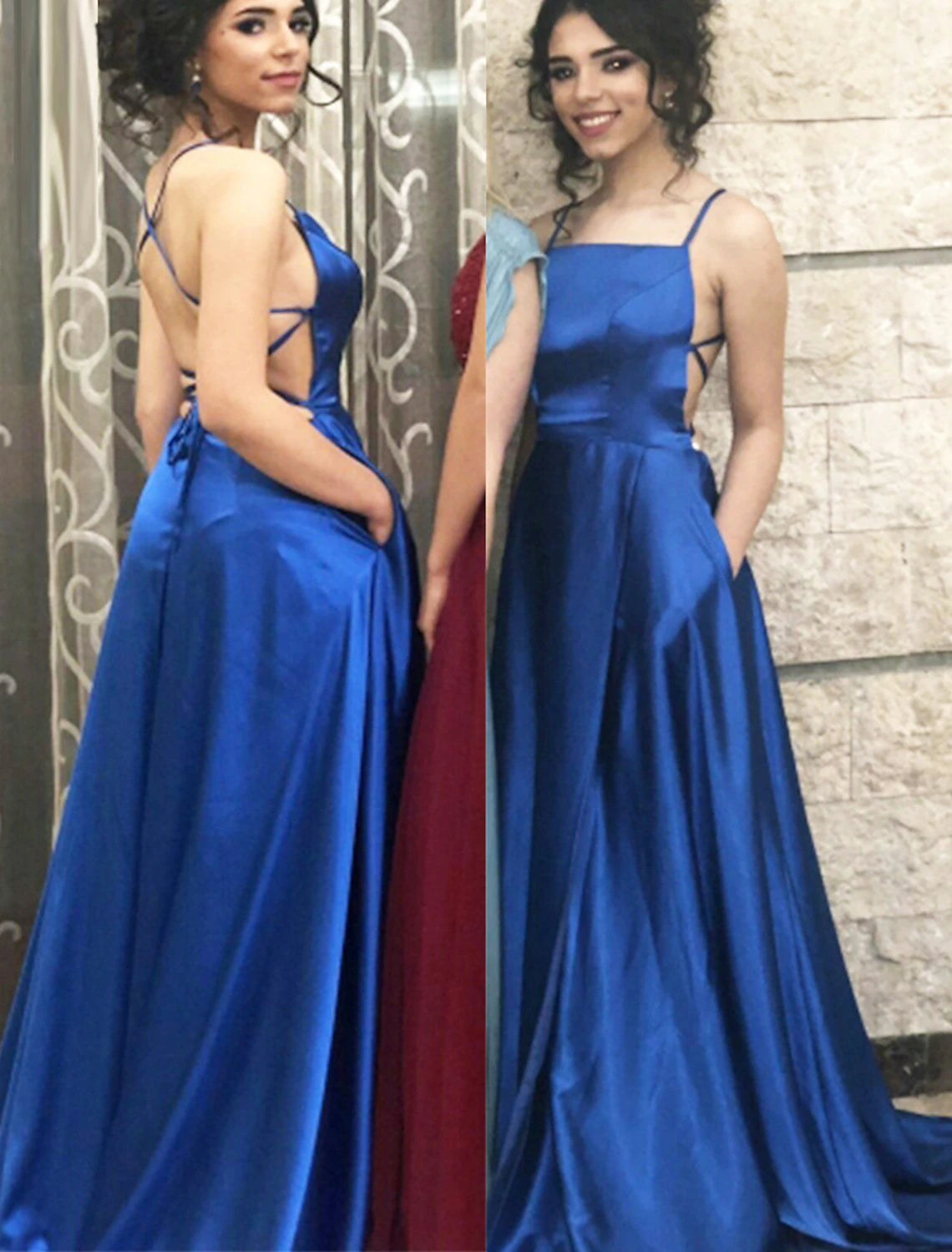 Wholesa A-Line Prom Dresses Minimalist Dress Party Wear Prom Sweep / Brush Train Sleeveless Spaghetti Strap Satin with Pleats Slit