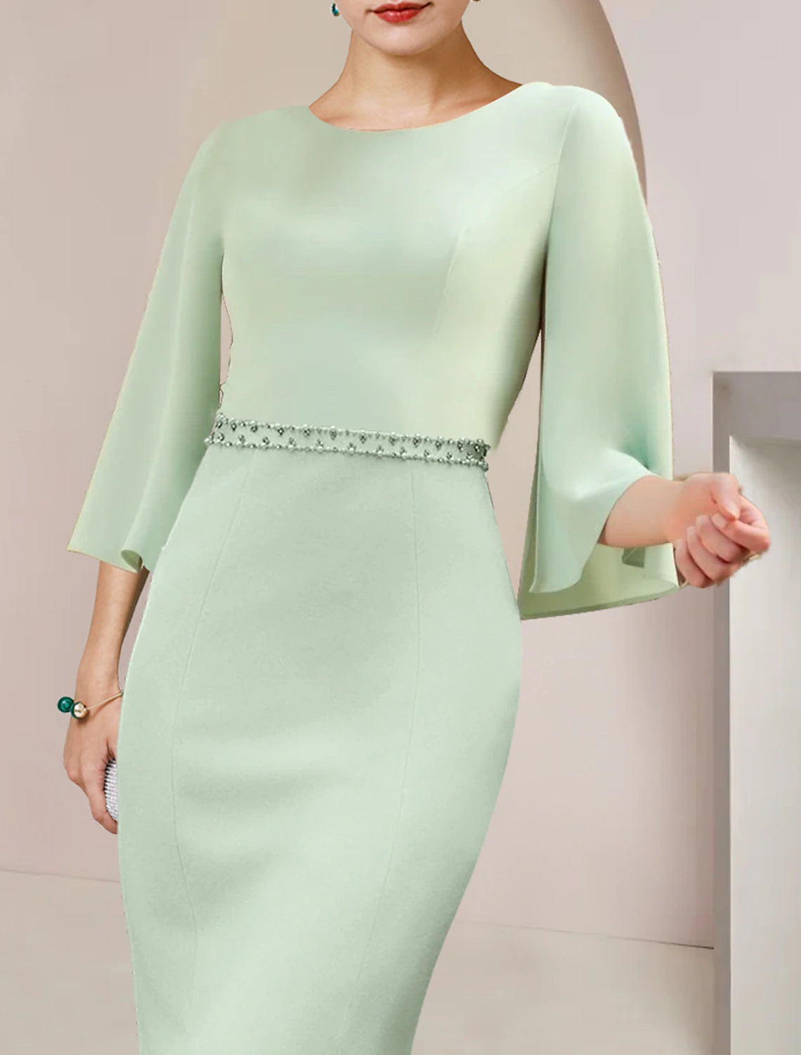 wholesale   Mermaid / Trumpet Mother of the Bride Dress Wedding Guest Party Elegant Scoop Neck Tea Length Stretch Chiffon 3/4 Length Sleeve with Beading