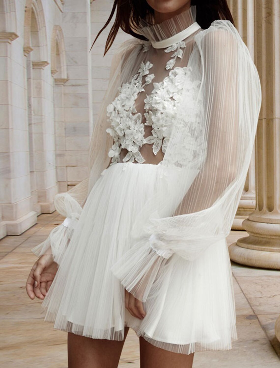 wholesale Reception Open Back Little White Dresses Wedding Dresses A-Line High Neck Long Sleeve Short / Mini Satin Bridal Gowns With Pleats Appliques