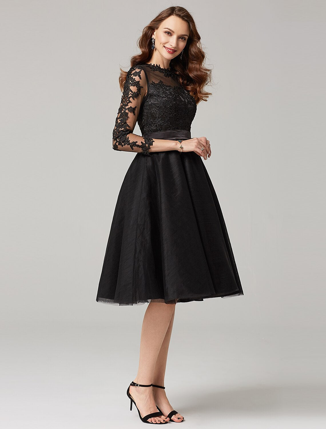 wholesale  A-Line Elegant Dress Wedding Guest Prom Knee Length 3/4 Length Sleeve Illusion Neck Tulle Over Lace with Appliques