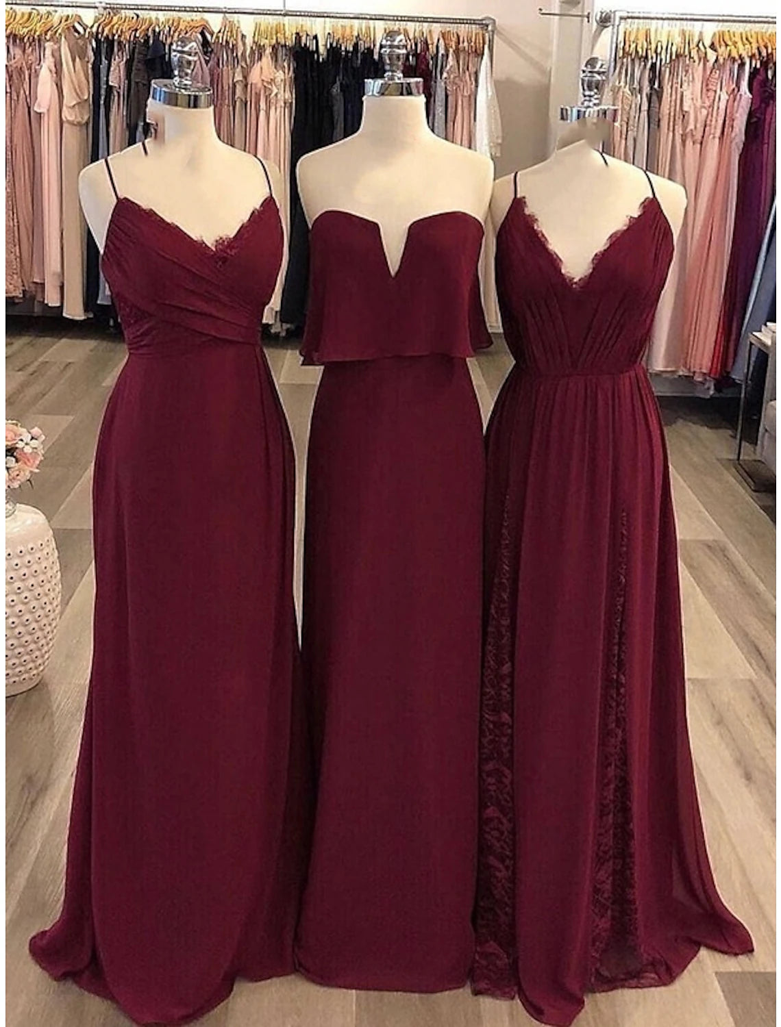 wholesale  Sheath / Column Bridesmaid Dress Spaghetti Strap / Strapless / V Neck Sleeveless Vintage Floor Length Chiffon with Lace / Ruching