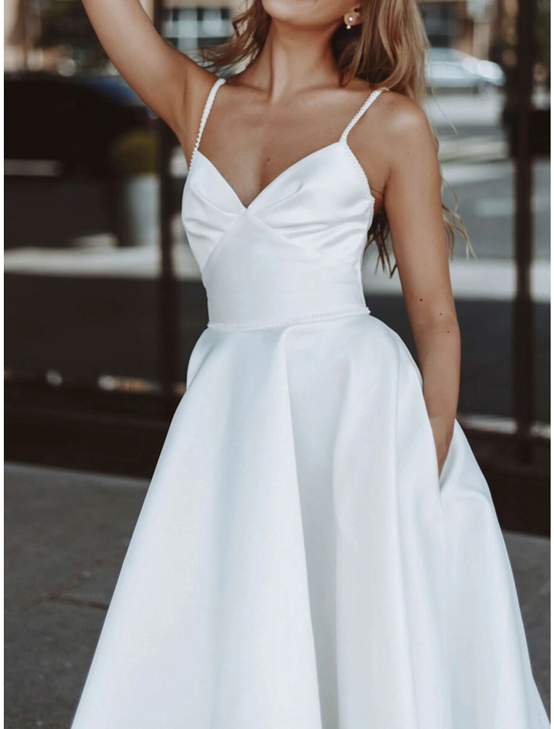 Wholesa Reception Simple Wedding Dresses Wedding Dresses A-Line V Neck Long Sleeve Tea Length Chiffon Bridal Gowns With Pleats