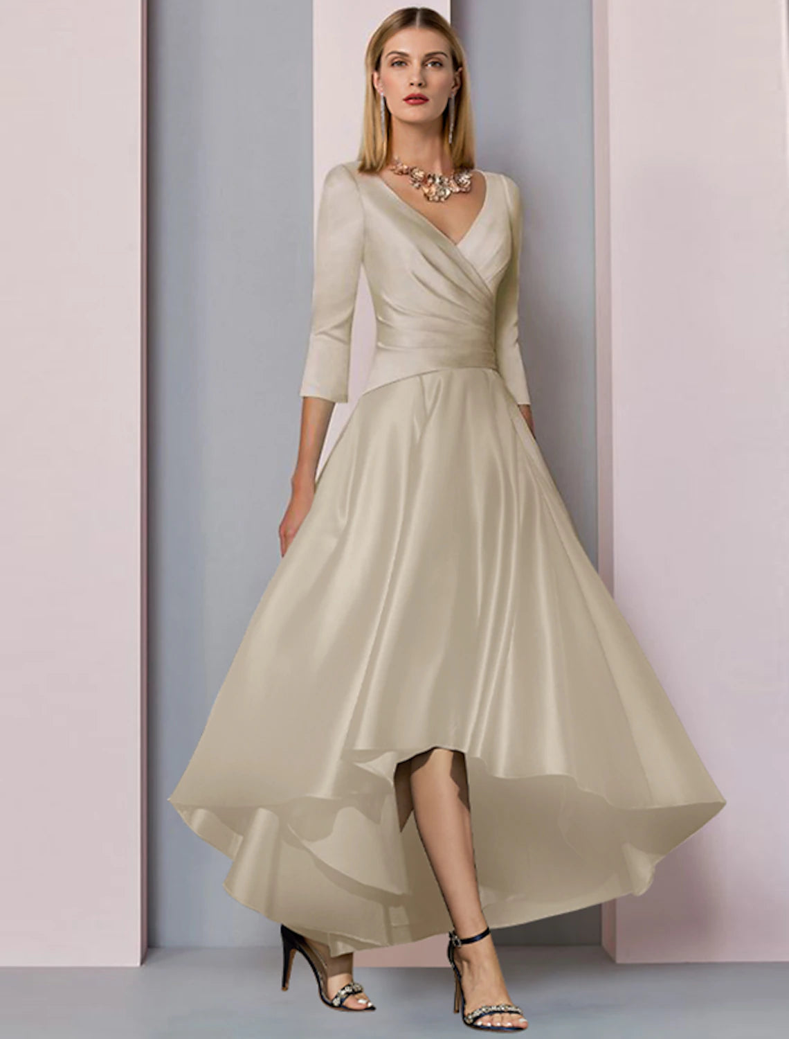 wholesale  A-Line Mother of the Bride Dress Wedding Guest Elegant High Low V Neck Asymmetrical Ankle Length Satin Half Sleeve with Pleats Side-Draped