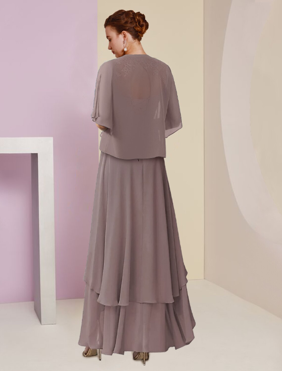 wholesale  Two Piece A-Line Mother of the Bride Dress Formal Wedding Guest Elegant Square Neck Asymmetrical Tea Length Chiffon Lace 3/4 Length Sleeve Wrap Included with Ruched Tier Appliques