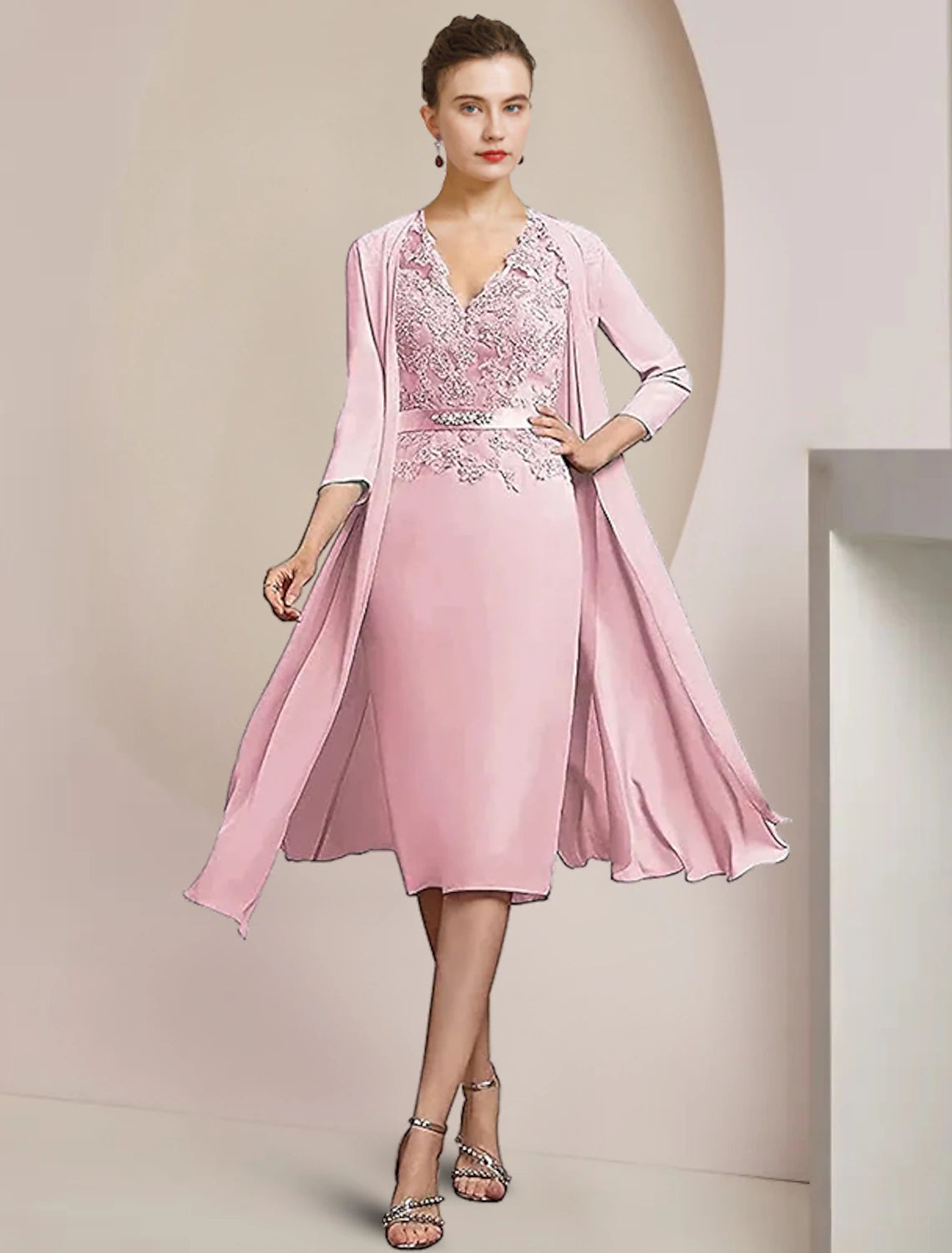wholesale  Two Piece Sheath / Column Mother of the Bride Dress Formal Wedding Guest Elegant V Neck Knee Length Chiffon Lace Sleeveless Jacket Dresses with Appliques Crystal Brooch