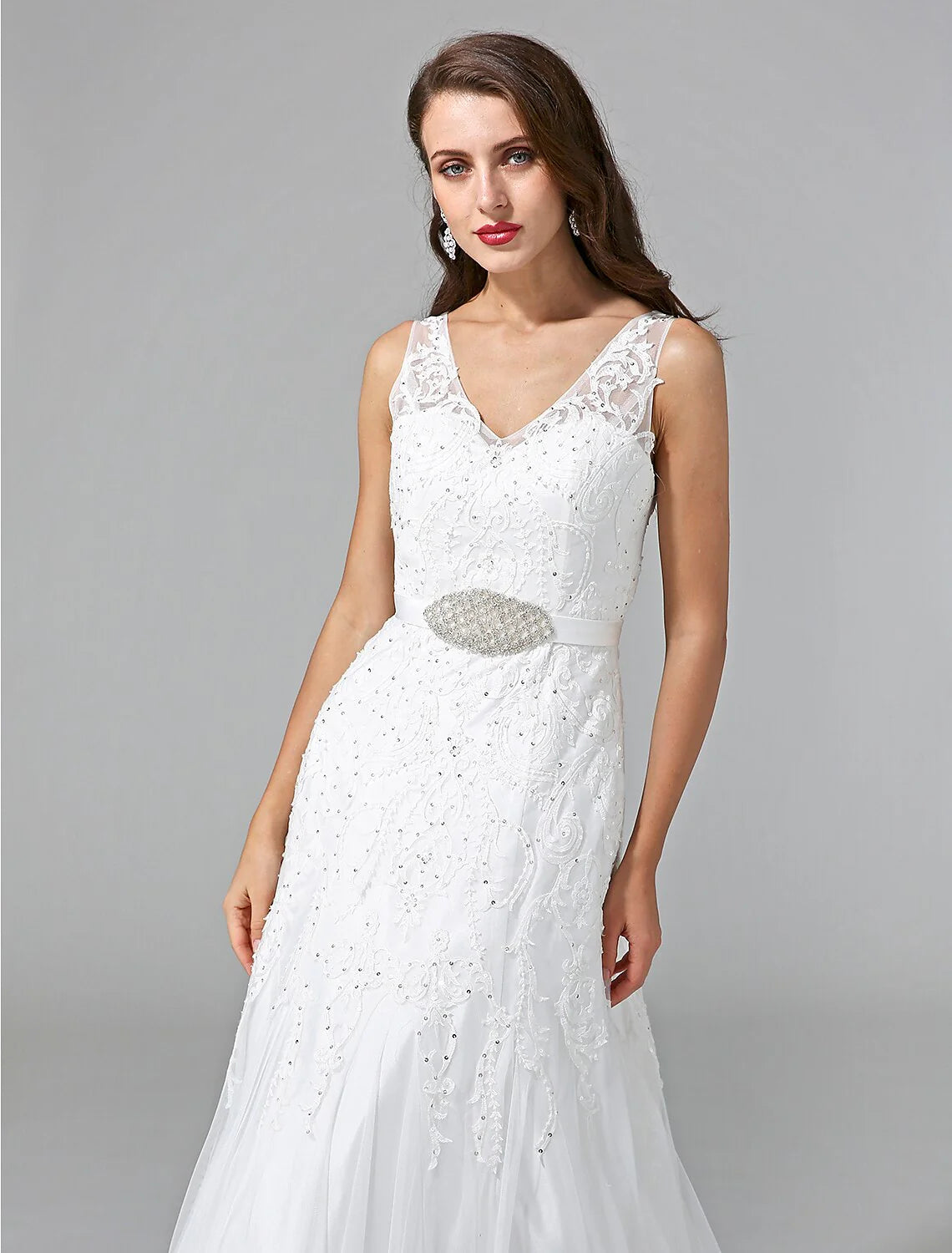 Wholesa Wedding Dresses A-Line V Neck Sleeveless Court Train Lace Bridal Gowns With Sash / Ribbon Beading
