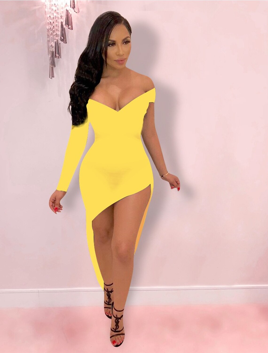 wholesa Hot Sexy Holiday Party Wear Club Dress High Slit V Neck off Shoulder Long Sleeve Bodycon Asymmetrical Spandex with Sleek