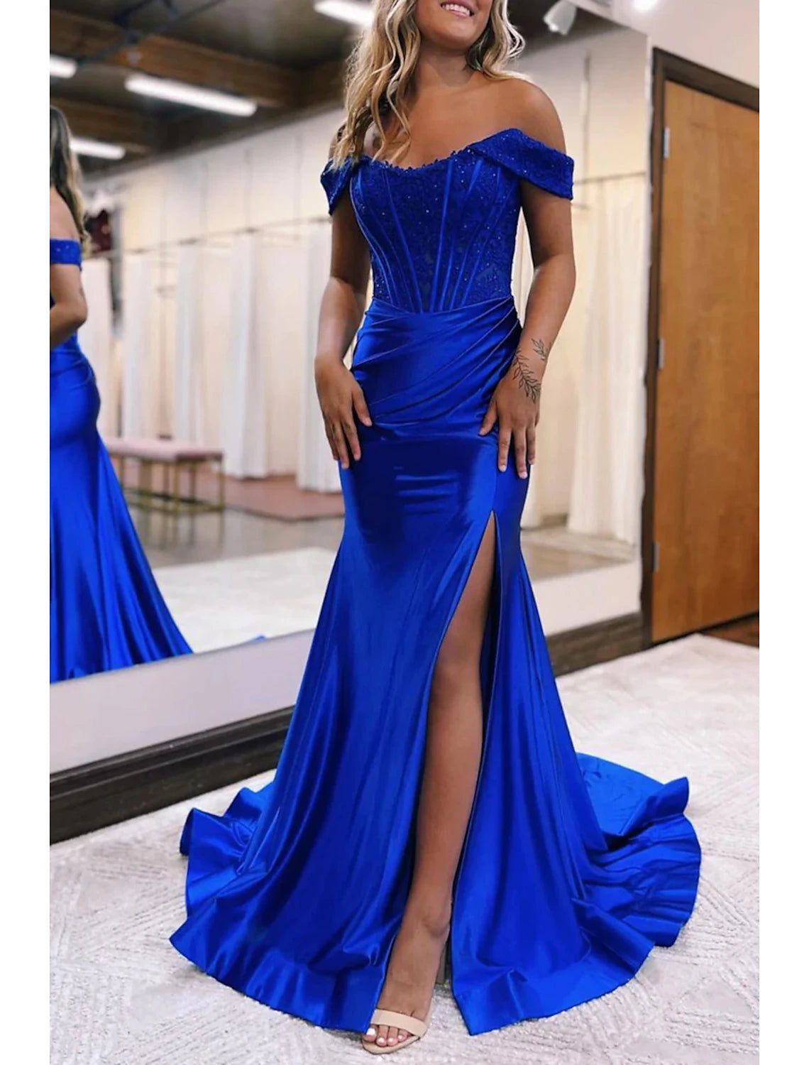 Wholesa Mermaid / Trumpet Evening Gown Empire Dress Formal Prom Court Train Sleeveless Off Shoulder Imitation Silk with Slit Appliques